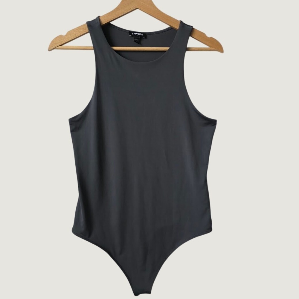 Express Bodysuit Womens Medium Gray Excellent High Neck Sleeveless Stretch Snap
